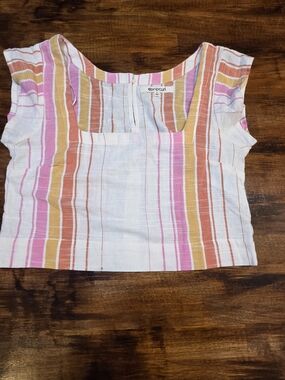 Rip Curl Shirt Womens Large Cream Pink Orange Striped Cropped Square Neck Boho